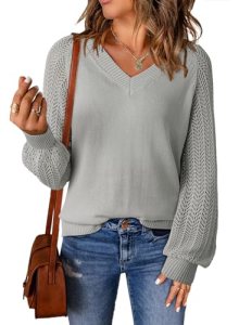 Dokotoo Gray Sweaters for Women 2026 V Neck Long Puff Sleeve Solid Color Hollow