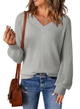 Dokotoo Gray Sweaters for Women 2026 V Neck Long Puff Sleeve Solid Color Hollow