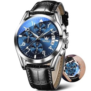 OLEVS Black Leather Watches for Men Blue Mens Big Face Watches Chronograph Men L