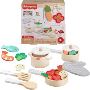 Fisher-Price Wood Kitchen Pretend Play Toy Pots & Pans Set