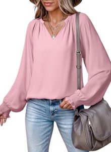 Dokotoo 70s Outfits for Women Chiffon Blouses V Neck Long Sleeve Shirts for Wome