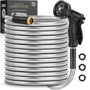 Garden Hose 50 FT, Metal Stainless Steel Water Hose with 10 Function Nozzles