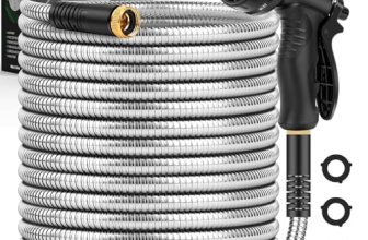 Garden Hose 50 FT, Metal Stainless Steel Water Hose with 10 Function Nozzles