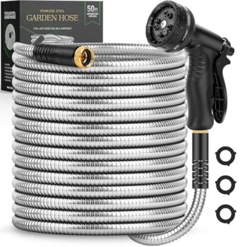 Garden Hose 50 FT, Metal Stainless Steel Water Hose with 10 Function Nozzles
