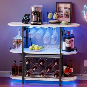 VASAGLE Bar Cabinets for Home, LED Coffee Bar with Power Outlets