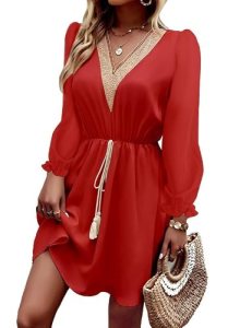 Dokotoo Womens Dresses 2026 V Neck Lace Trim Red Dress Long Puff Sleeve Flowy Su