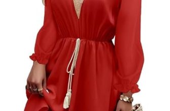 Dokotoo Womens Dresses 2026 V Neck Lace Trim Red Dress Long Puff Sleeve Flowy Su