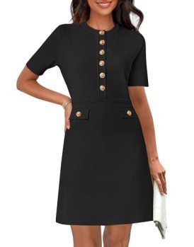 MEROKEETY Women’s Knit Bodycon Sweater Dress Button Short Sleeve Crew Neck Elega