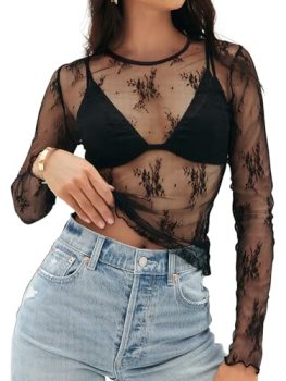 MEROKEETY Womens Long Sleeve Lace Sheer Mesh Top 2025 Crewneck Sexy Y2k See Thro
