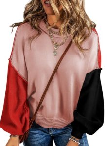 Dokotoo Womens Sweaters Crew Neck Colorblock Bishop Sleeve Knit Ribbed Jumper To