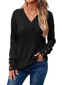 Dokotoo Long Sleeve Shirts for Women V Neck Cute Soft Solid Button Detail Tunic