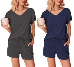 Ekouaer 2 Pack Women’s Pajamas Set Soft Ruffle Sleeve Pjs Set Casual V Neck Loun