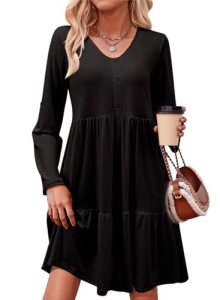 Dokotoo Black Dresses for Women Fall Outfits for Women 2025 V Neck Button Up Lon