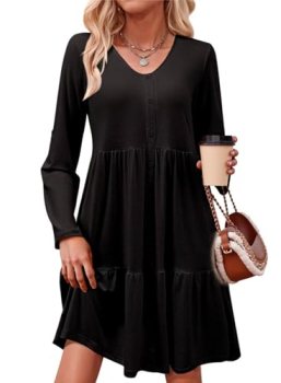 Dokotoo Black Dresses for Women Fall Outfits for Women 2025 V Neck Button Up Lon