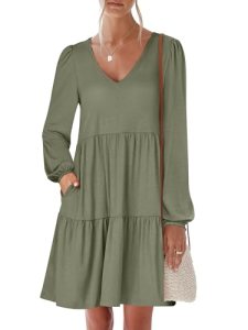 ANRABESS Womens Long Sleeve Dress 2026 Spring Casual V Neck Tiered Flowy Short D