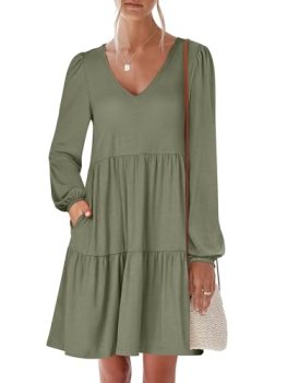 ANRABESS Womens Long Sleeve Dress 2026 Spring Casual V Neck Tiered Flowy Short D