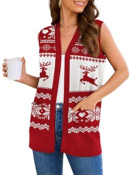Veryoung Women Plus Size Christmas Red Sleeveless Cardigan Sweaters Open Front J