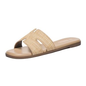 Rihero Women’s Dressy Flat Sandals Comfortable Slip On Leather Slide Raffia Sand