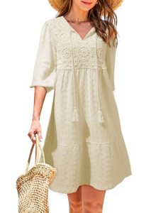 Dokotoo Womens Dresses Summer V Neck Drawstring Embroidered Half Sleeve Mini Dre