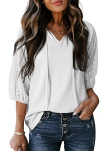 Dokotoo Summer Tops for Women 2026 Casual Tassel Tie V-Neck 3/4 Puff Sleeve Tops