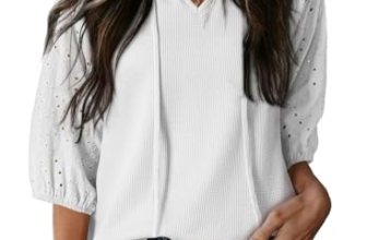 Dokotoo Summer Tops for Women 2026 Casual Tassel Tie V-Neck 3/4 Puff Sleeve Tops
