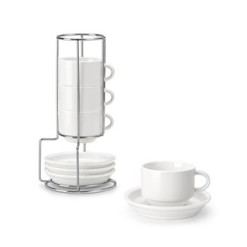 MALACASA 2.5 OZ Porcelain Espresso Cups with Saucers and Metal Stand Set of 4