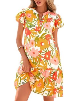 dowerme Womens Summer Dresses 2026 Puffy Sleeve V Neck Loose Floral Print A Line