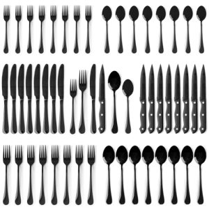 Astercook Silverware Set 48-Piece Black Flatware Set with Steak Knives Food-Grad