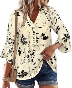 LOOKBOHO Boho Tops for Women 3/4 Sleeve Ruffle Sleeve Tops Dressy Casual Button