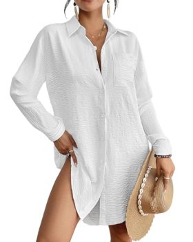 Bsubseach Swimsuit Coverup for Women Button Down Beach Cover Ups Long Sleeve Shi