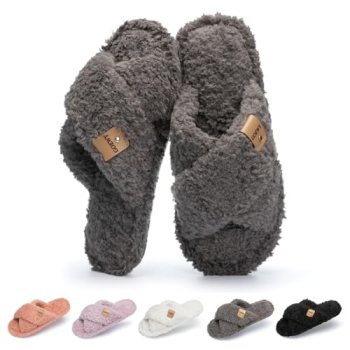 GOEWY Fuzzy Open Toe Slippers for Women Indoor and Outdoor with Memory Foam Cozy