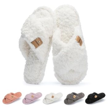 GOEWY Fuzzy Open Toe Slippers for Women Indoor and Outdoor with Memory Foam Cozy