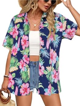 Women Hawaiian Shirt Button Down Summer Tops Beach Cool Short Sleeve V Neck Blou