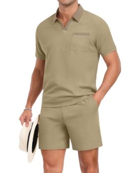 PrinStory Men’s Summer Track Suits Waffle Knit Polo Shirt and Shorts Set Casual