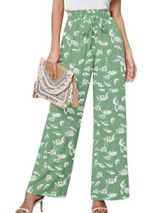 Heymoments Women’s Wide Leg Pants with Pockets White Flower Green Small Lightwei