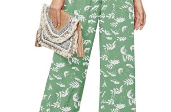 Heymoments Women’s Wide Leg Pants with Pockets White Flower Green Small Lightwei