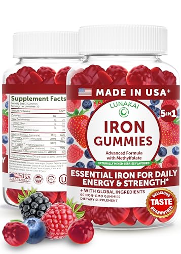 Lunakai USA Made Vegan Iron Gummies 5-in-1 with Methylfolate