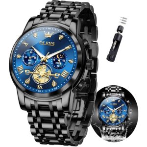 OLEVS Watch Men Blue Dial Black Stainless Steel Luxury Chronograph Dress Analog