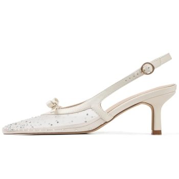 Mattiventon Beige Slingback Heels for Women Mesh Kitten Heels Rhinestone Bow Ank
