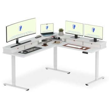 FLEXISPOT 71″ Large L Shaped Standing Desk Electric Corner Table with Shelf