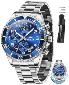 OLEVS Silver Watches for Men Blue Face Dress Stainless Steel Silver and Blue Wat