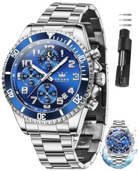 OLEVS Silver Watches for Men Blue Face Dress Stainless Steel Silver and Blue Wat