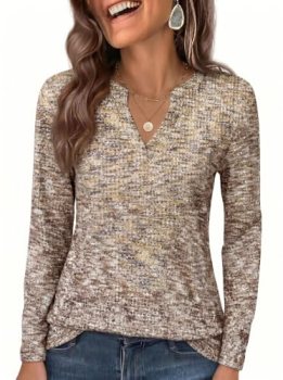 Dokotoo Womens Long Sleeve Tops V Neck Waffle Knit Shirts Tunic Tops for Women L