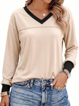 Dokotoo Womens Long Sleeve V Neck Shirts Contrast Casual Tops Apricot S