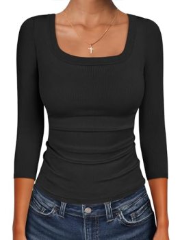 ANRABESS Womens 3/4 Sleeve Scoop Neck Tops Ribbed Knit Slim Fitted Casual Basic