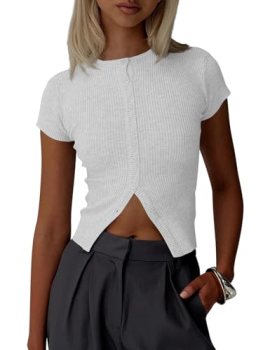 Imily Bela Womens Lightweight Button Down Cardigan Grey Short Sleeve Sweaters Ri