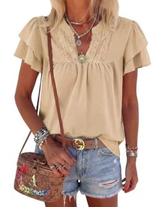 HEYTALALA Womens Summer Blouses Dressy Casual Cute V Neck Ruffle Short Sleeve To