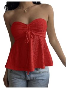 Milumia Women’s Eyelet Tie Front Babydoll Top Y2k Summer Strapless Peplum Tops R