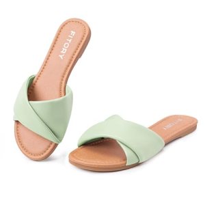 FITORY Women’s Flat Sandals Fashion Slides With Soft Leather Slippers for Summer