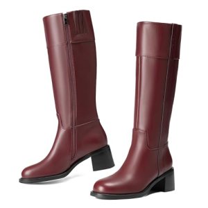 Reitoye Knee High Burgundy Boots Women Round Toe Chunky Block Heeled Boots Side